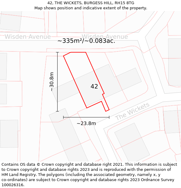 42, THE WICKETS, BURGESS HILL, RH15 8TG: Plot and title map