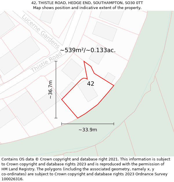 42, THISTLE ROAD, HEDGE END, SOUTHAMPTON, SO30 0TT: Plot and title map