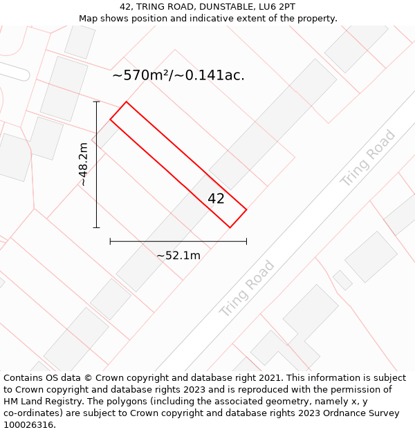 42, TRING ROAD, DUNSTABLE, LU6 2PT: Plot and title map