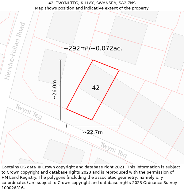 42, TWYNI TEG, KILLAY, SWANSEA, SA2 7NS: Plot and title map