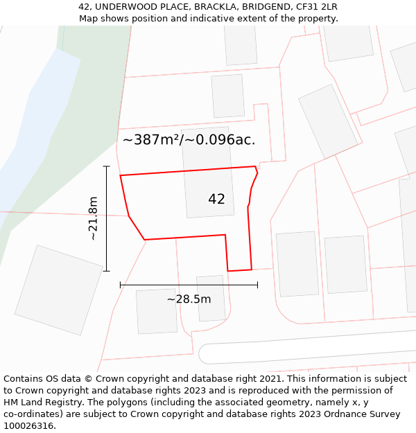 42, UNDERWOOD PLACE, BRACKLA, BRIDGEND, CF31 2LR: Plot and title map