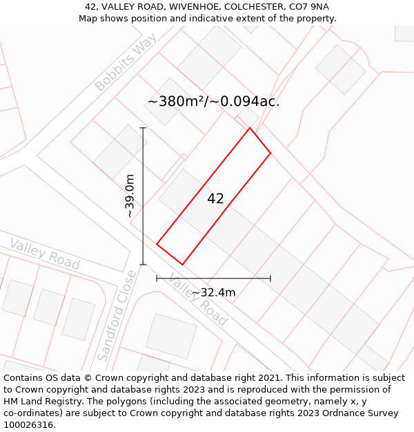 42, VALLEY ROAD, WIVENHOE, COLCHESTER, CO7 9NA: Plot and title map