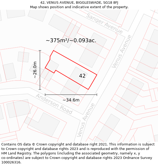 42, VENUS AVENUE, BIGGLESWADE, SG18 8FJ: Plot and title map