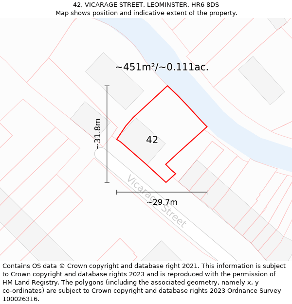 42, VICARAGE STREET, LEOMINSTER, HR6 8DS: Plot and title map