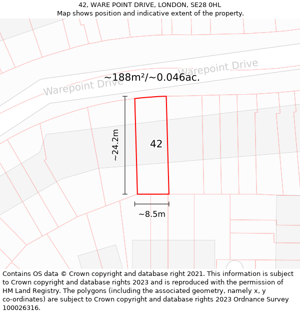 42, WARE POINT DRIVE, LONDON, SE28 0HL: Plot and title map