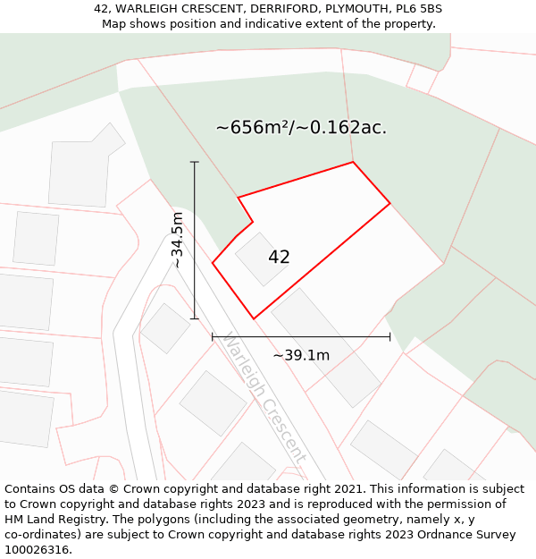 42, WARLEIGH CRESCENT, DERRIFORD, PLYMOUTH, PL6 5BS: Plot and title map