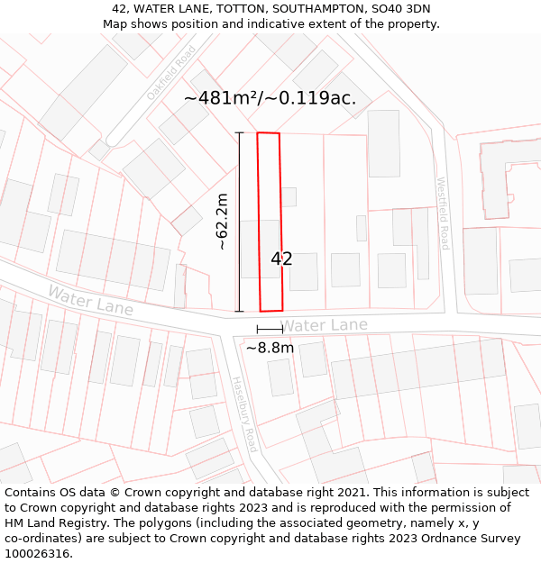 42, WATER LANE, TOTTON, SOUTHAMPTON, SO40 3DN: Plot and title map