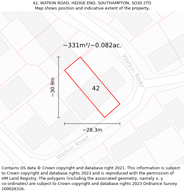 42, WATKIN ROAD, HEDGE END, SOUTHAMPTON, SO30 2TD: Plot and title map