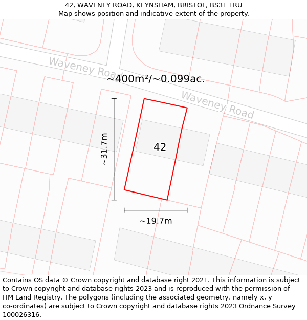 42, WAVENEY ROAD, KEYNSHAM, BRISTOL, BS31 1RU: Plot and title map