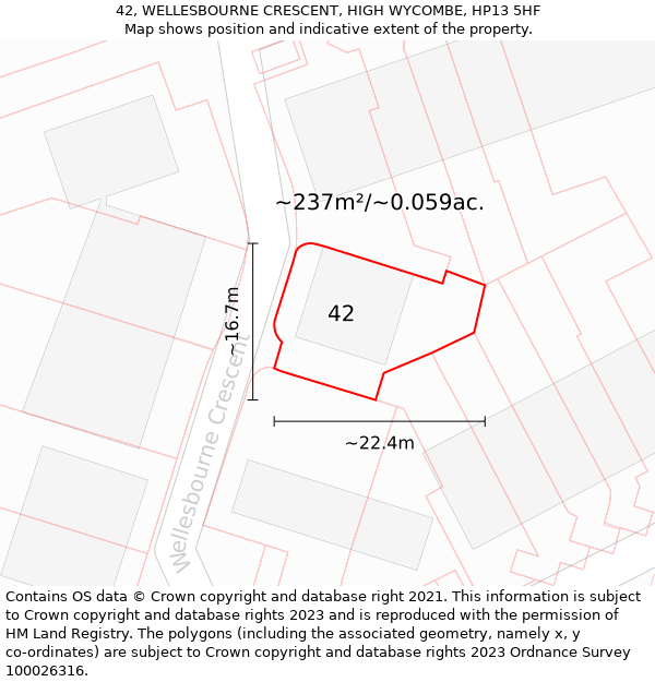 42, WELLESBOURNE CRESCENT, HIGH WYCOMBE, HP13 5HF: Plot and title map