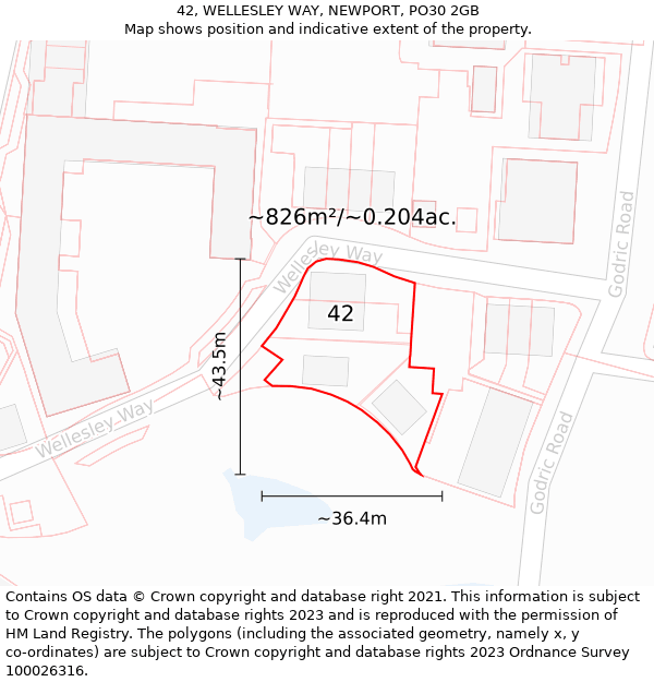 42, WELLESLEY WAY, NEWPORT, PO30 2GB: Plot and title map