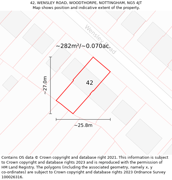 42, WENSLEY ROAD, WOODTHORPE, NOTTINGHAM, NG5 4JT: Plot and title map