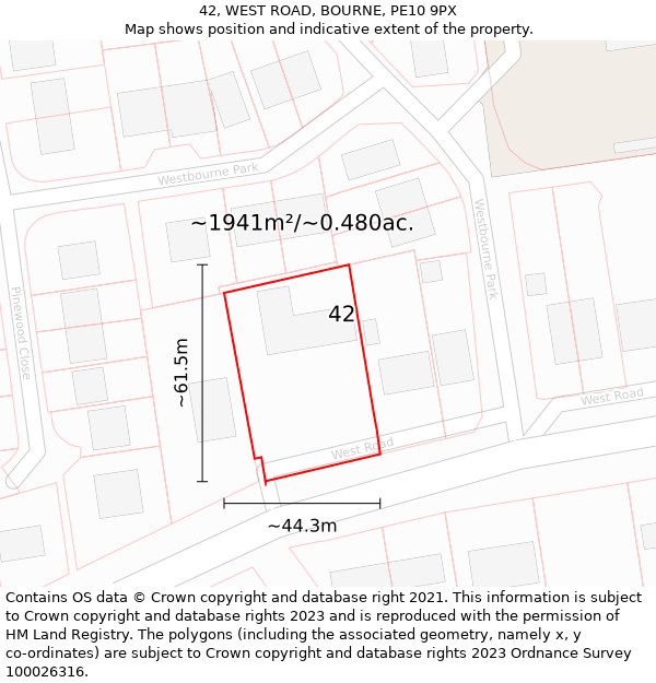 42, WEST ROAD, BOURNE, PE10 9PX: Plot and title map