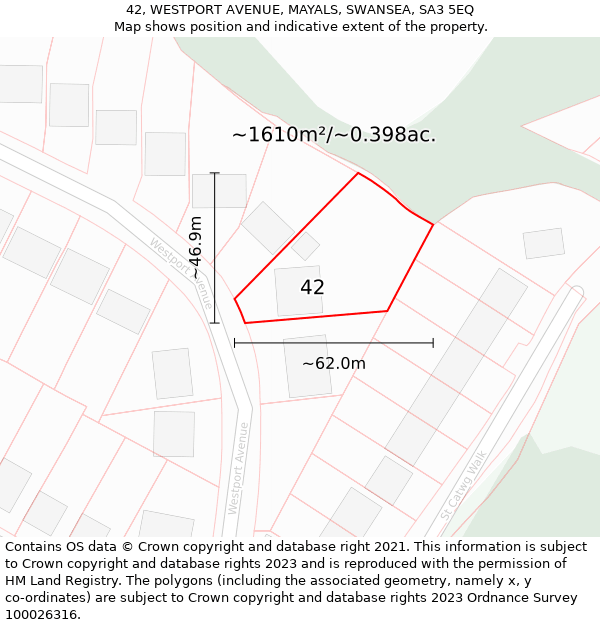 42, WESTPORT AVENUE, MAYALS, SWANSEA, SA3 5EQ: Plot and title map