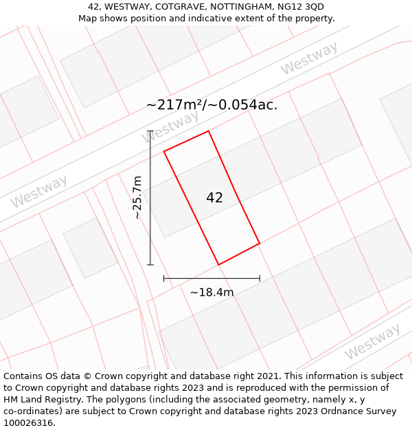 42, WESTWAY, COTGRAVE, NOTTINGHAM, NG12 3QD: Plot and title map