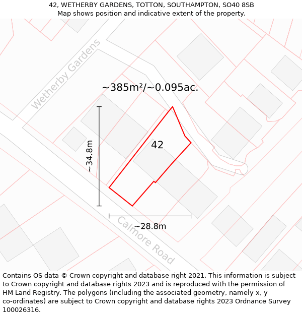 42, WETHERBY GARDENS, TOTTON, SOUTHAMPTON, SO40 8SB: Plot and title map