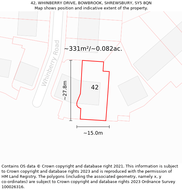 42, WHINBERRY DRIVE, BOWBROOK, SHREWSBURY, SY5 8QN: Plot and title map