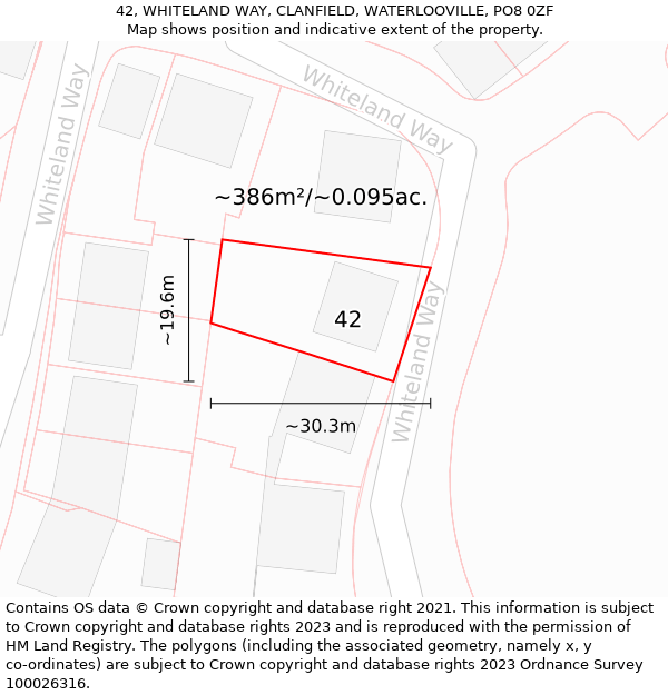 42, WHITELAND WAY, CLANFIELD, WATERLOOVILLE, PO8 0ZF: Plot and title map