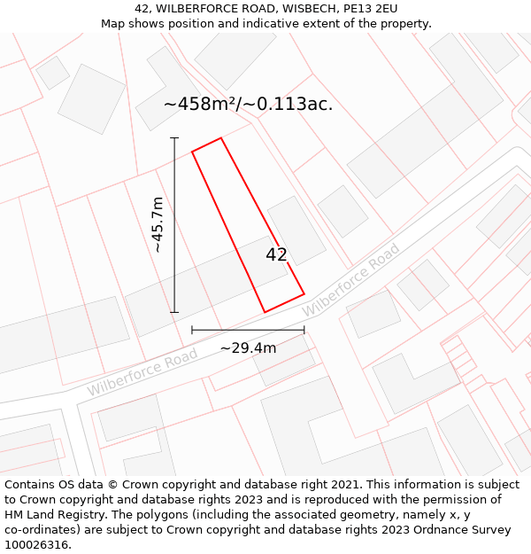 42, WILBERFORCE ROAD, WISBECH, PE13 2EU: Plot and title map