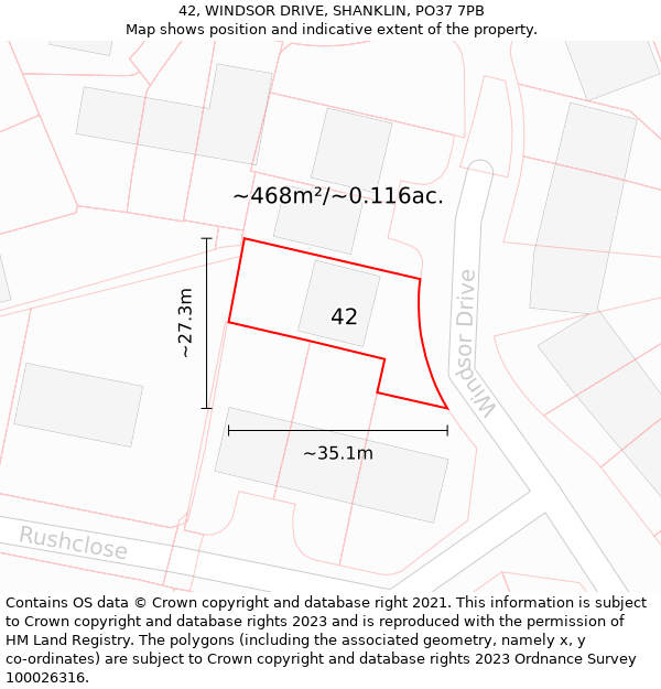 42, WINDSOR DRIVE, SHANKLIN, PO37 7PB: Plot and title map