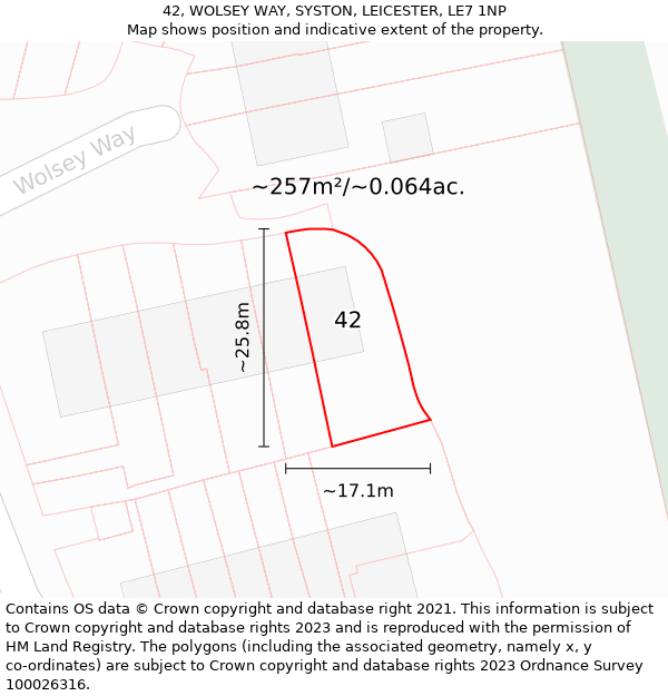 42, WOLSEY WAY, SYSTON, LEICESTER, LE7 1NP: Plot and title map