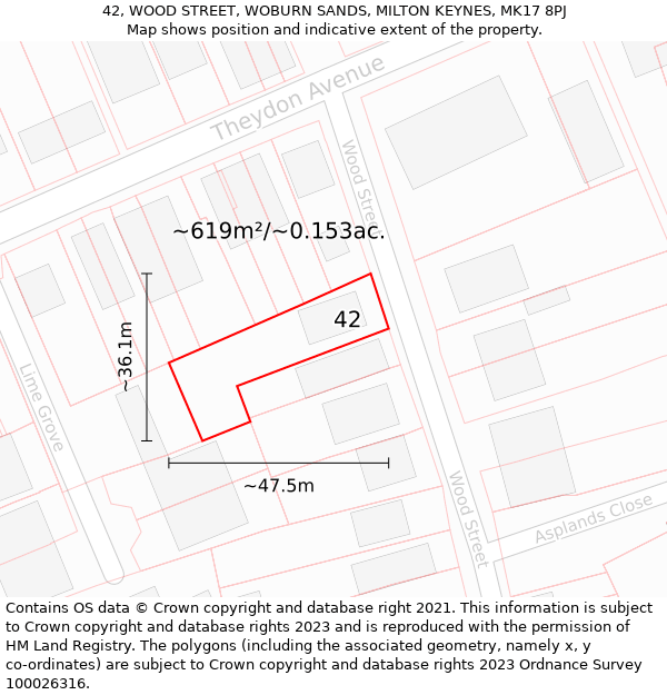 42, WOOD STREET, WOBURN SANDS, MILTON KEYNES, MK17 8PJ: Plot and title map