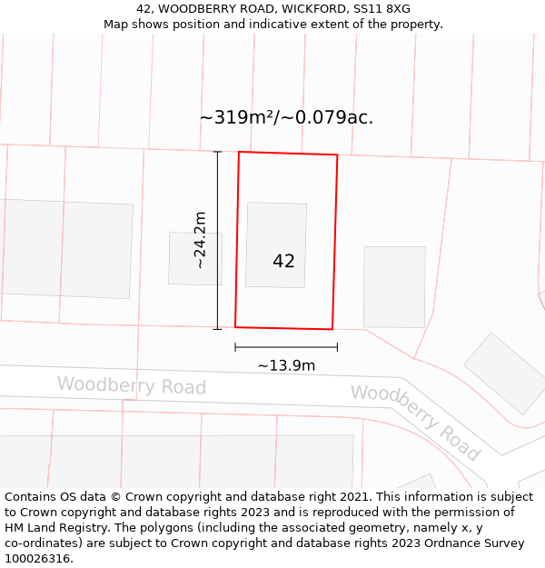 42, WOODBERRY ROAD, WICKFORD, SS11 8XG: Plot and title map