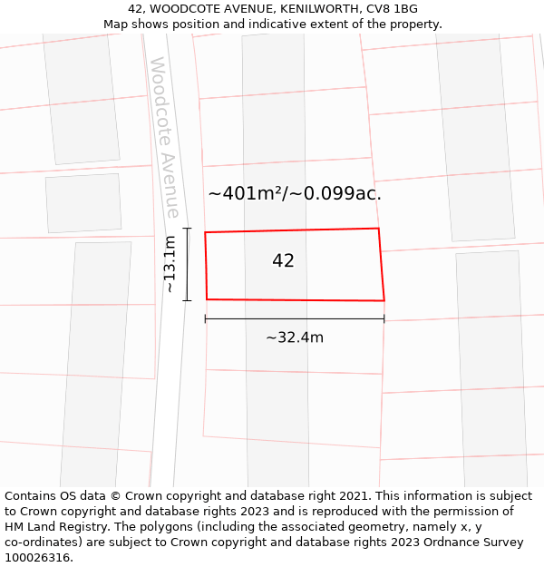 42, WOODCOTE AVENUE, KENILWORTH, CV8 1BG: Plot and title map