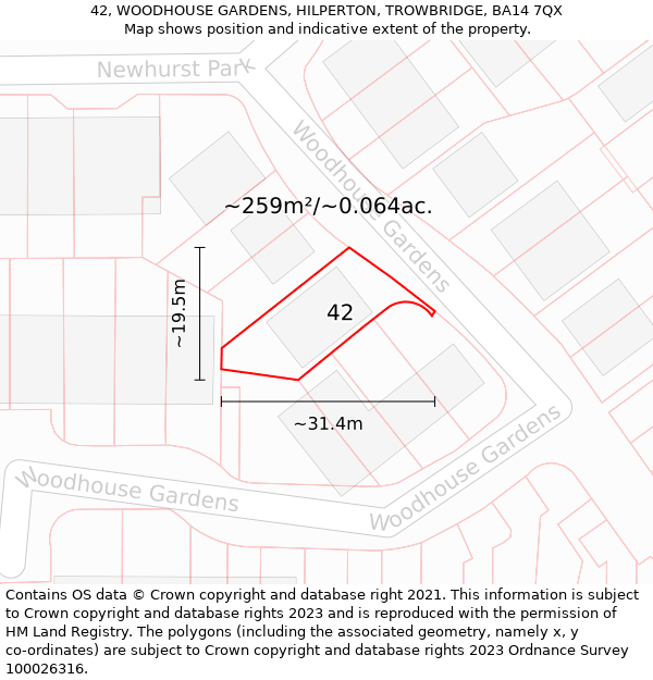 42, WOODHOUSE GARDENS, HILPERTON, TROWBRIDGE, BA14 7QX: Plot and title map