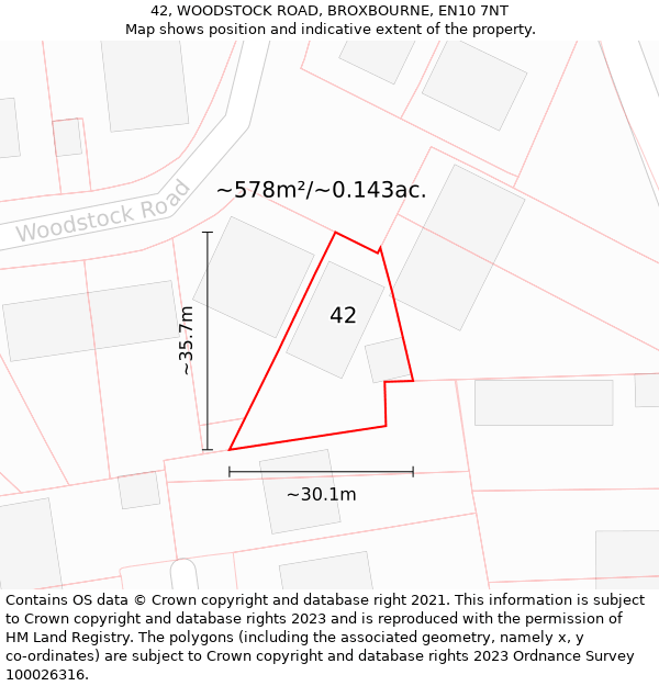 42, WOODSTOCK ROAD, BROXBOURNE, EN10 7NT: Plot and title map