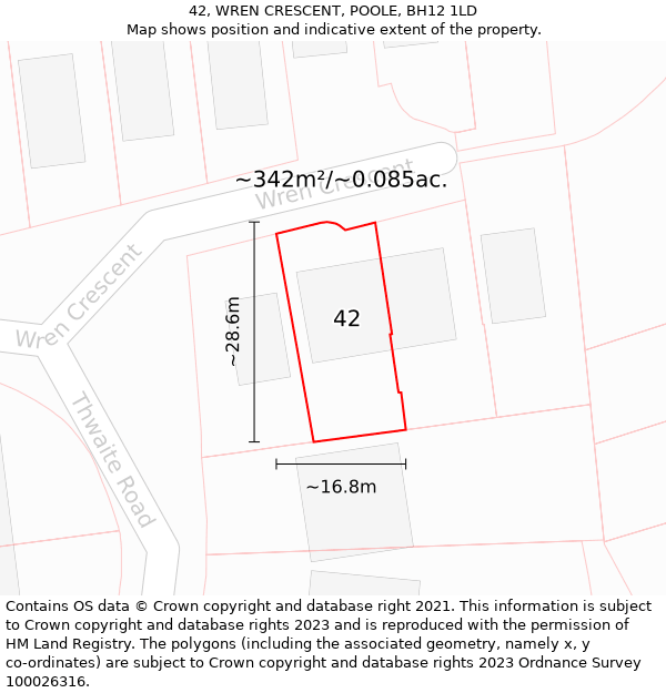 42, WREN CRESCENT, POOLE, BH12 1LD: Plot and title map