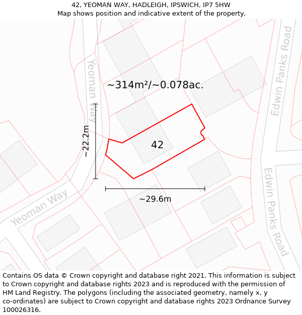 42, YEOMAN WAY, HADLEIGH, IPSWICH, IP7 5HW: Plot and title map