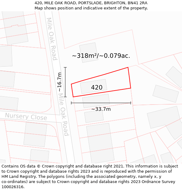 420, MILE OAK ROAD, PORTSLADE, BRIGHTON, BN41 2RA: Plot and title map