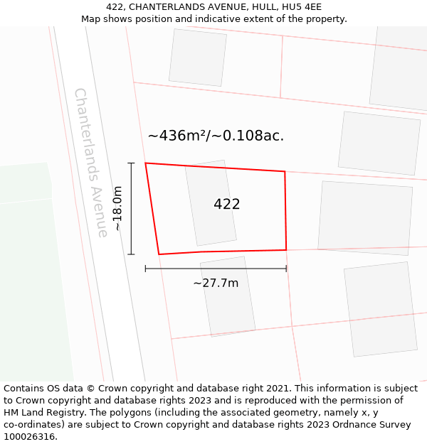 422, CHANTERLANDS AVENUE, HULL, HU5 4EE: Plot and title map