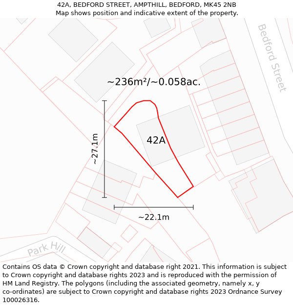 42A, BEDFORD STREET, AMPTHILL, BEDFORD, MK45 2NB: Plot and title map