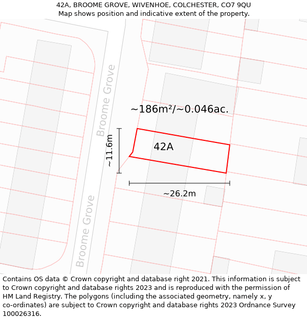 42A, BROOME GROVE, WIVENHOE, COLCHESTER, CO7 9QU: Plot and title map