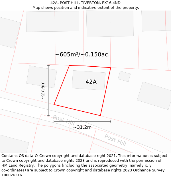 42A, POST HILL, TIVERTON, EX16 4ND: Plot and title map