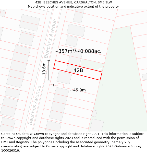 42B, BEECHES AVENUE, CARSHALTON, SM5 3LW: Plot and title map
