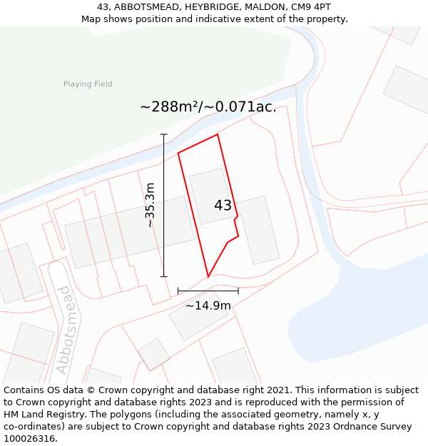 43, ABBOTSMEAD, HEYBRIDGE, MALDON, CM9 4PT: Plot and title map