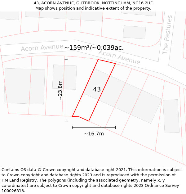 43, ACORN AVENUE, GILTBROOK, NOTTINGHAM, NG16 2UF: Plot and title map