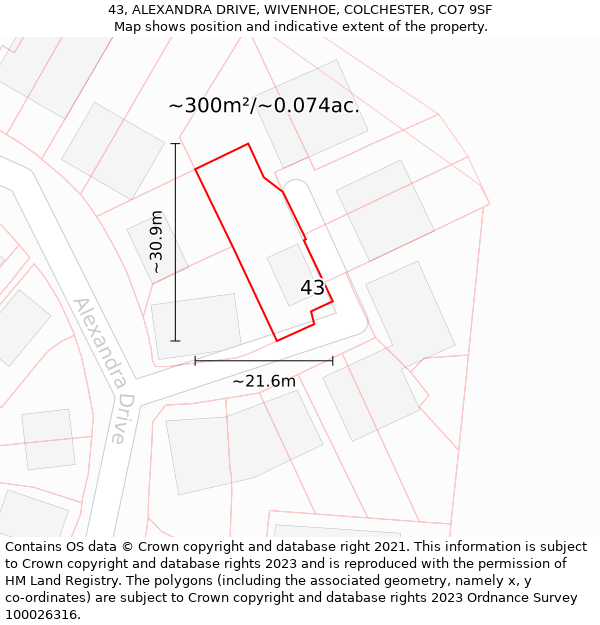 43, ALEXANDRA DRIVE, WIVENHOE, COLCHESTER, CO7 9SF: Plot and title map