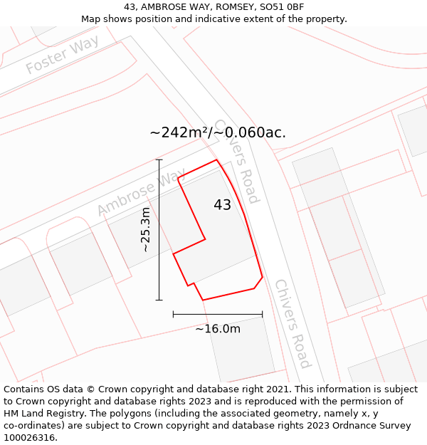 43, AMBROSE WAY, ROMSEY, SO51 0BF: Plot and title map