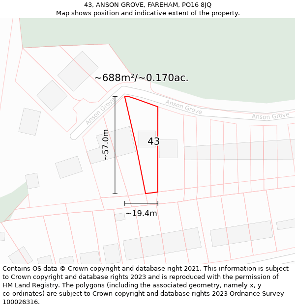 43, ANSON GROVE, FAREHAM, PO16 8JQ: Plot and title map