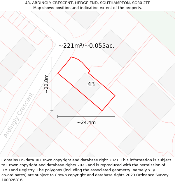 43, ARDINGLY CRESCENT, HEDGE END, SOUTHAMPTON, SO30 2TE: Plot and title map