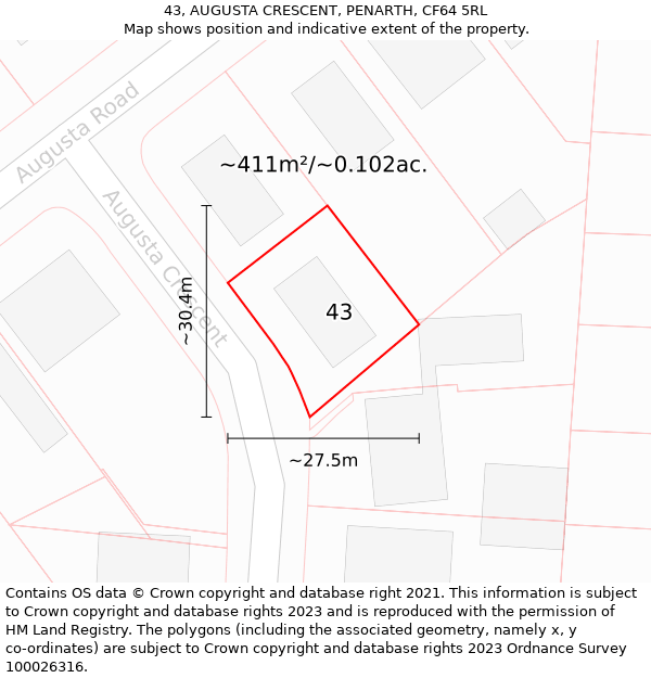 43, AUGUSTA CRESCENT, PENARTH, CF64 5RL: Plot and title map