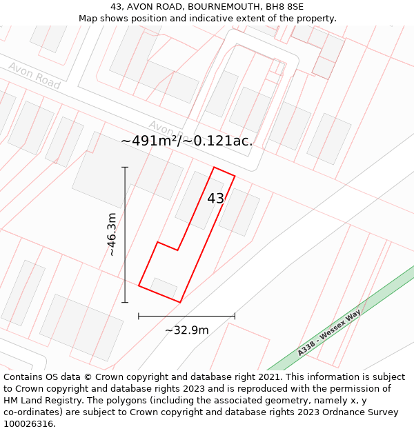 43, AVON ROAD, BOURNEMOUTH, BH8 8SE: Plot and title map