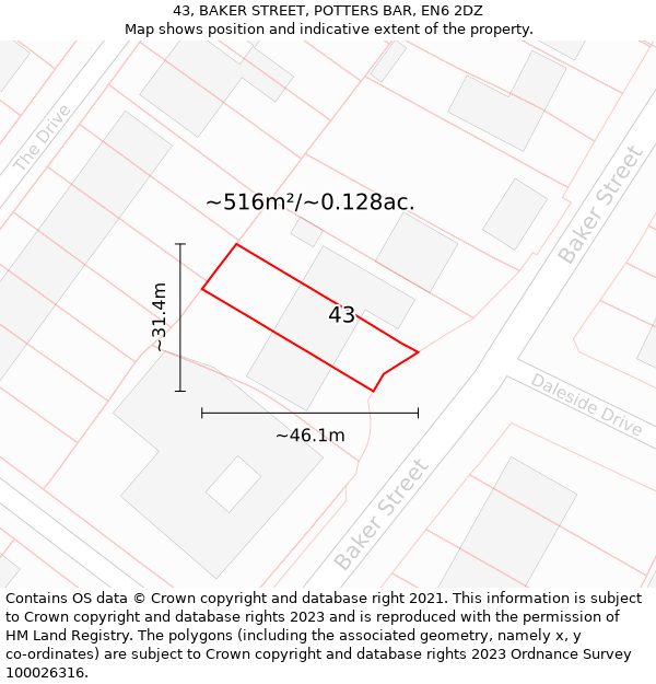 43, BAKER STREET, POTTERS BAR, EN6 2DZ: Plot and title map