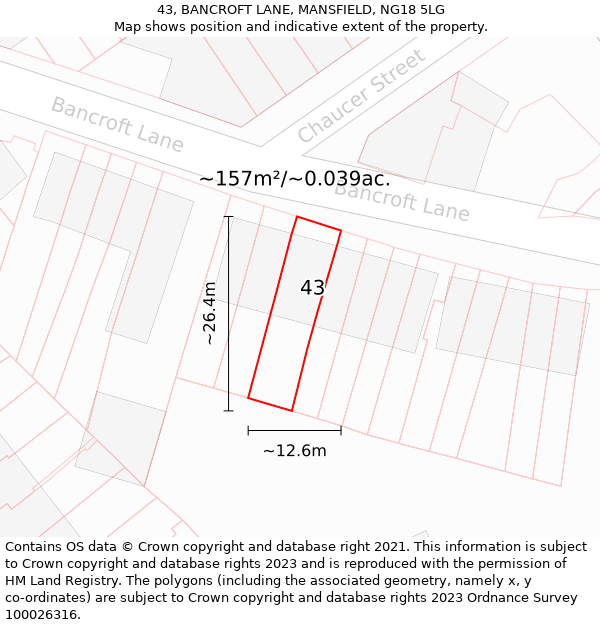 43, BANCROFT LANE, MANSFIELD, NG18 5LG: Plot and title map