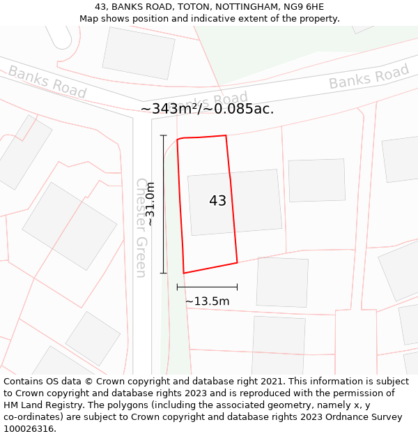 43, BANKS ROAD, TOTON, NOTTINGHAM, NG9 6HE: Plot and title map