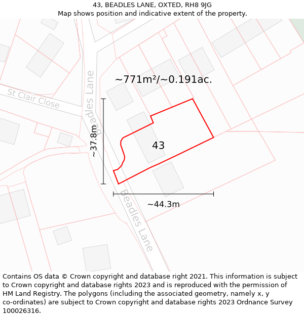 43, BEADLES LANE, OXTED, RH8 9JG: Plot and title map